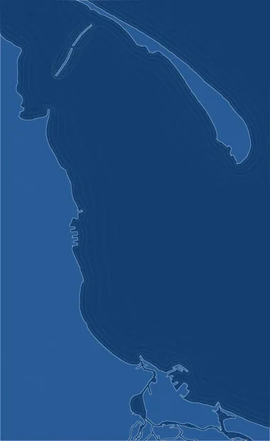 Mapa morska Zatoki Gdańskiej z trasami rejsów RIBY.PL: trasa czerwona do Gdańska i trasa zielona na Hel