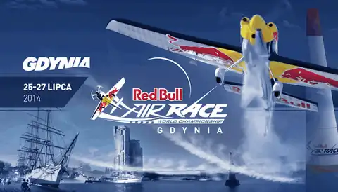 Grafik för Red Bull Air Race Gdynia 25–27 juli 2014: ett aerobatikplan över bukten och ett segelfartyg
