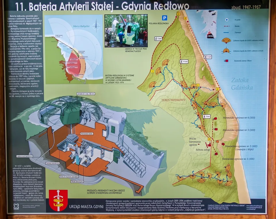 Information board with a plan of the 11th Fixed Artillery Battery in Gdynia Redłowo
