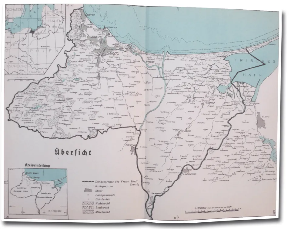 Old German map of the Free City of Danzig with borders and towns
