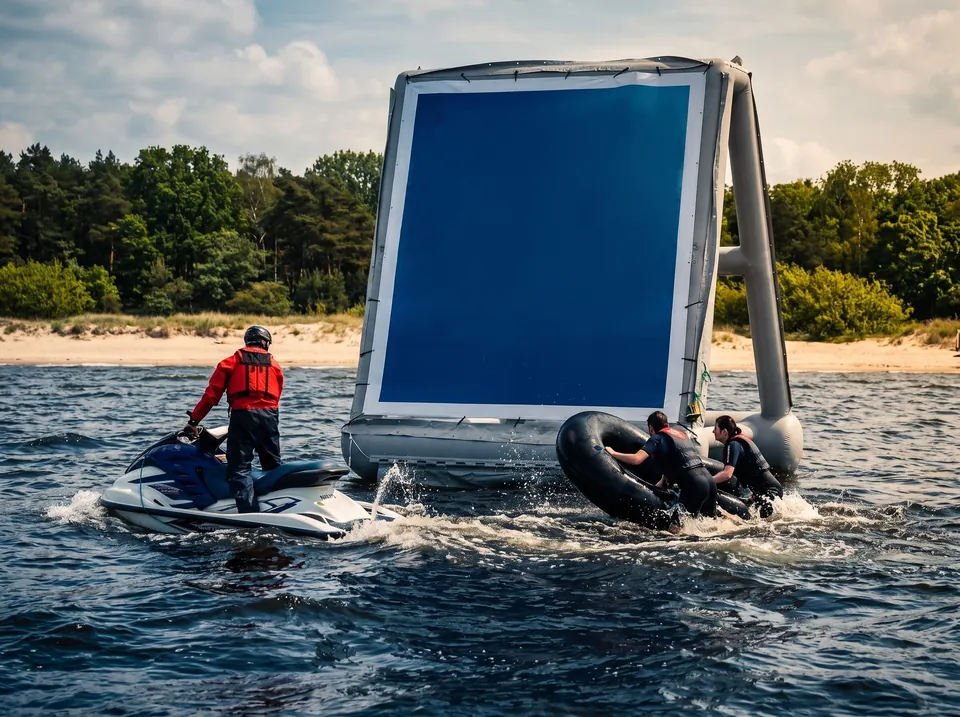 Pływający billboard reklamowy na wodzie przy plaży, obok skuter wodny